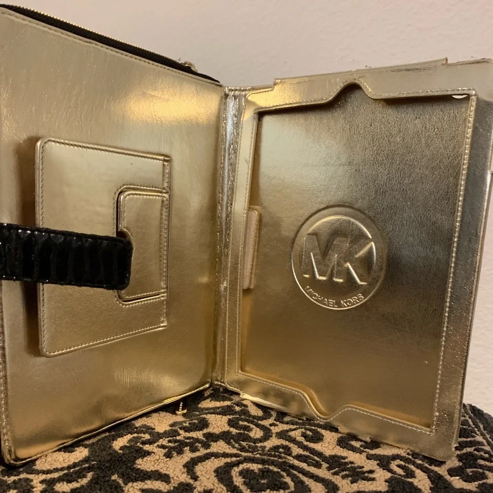 Michael Kors Black Faux Snakeskin Tablet Case with Gold Plate